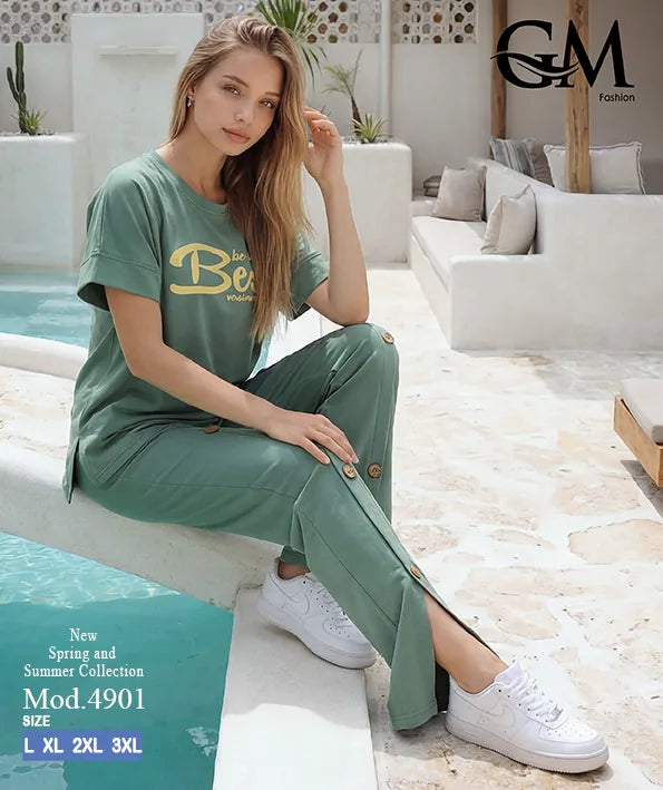 بيجامة حريمي صيفي نصف كم وبنطلون واسع – GM Fashion موديل 4901