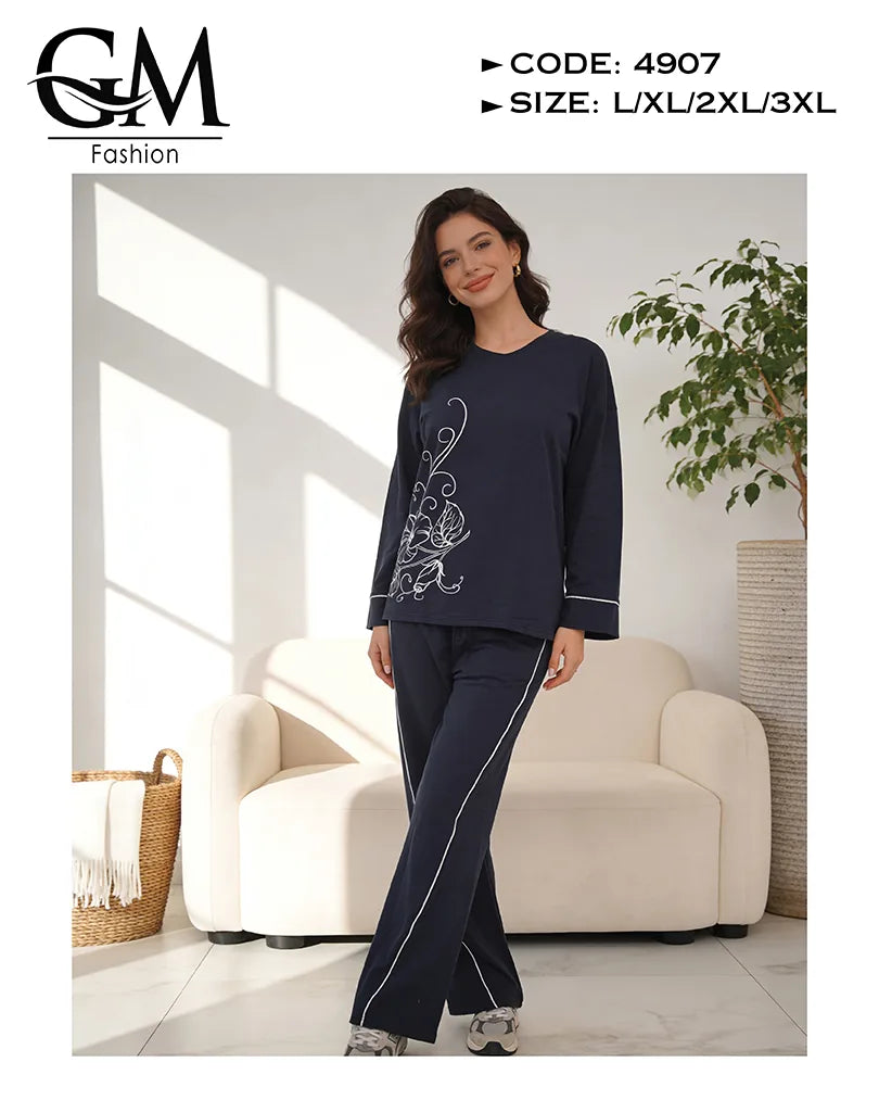 بيجامة حريمي قطن شتوي كم طويل بطبعة ناعمة | GM Fashion كود 4907