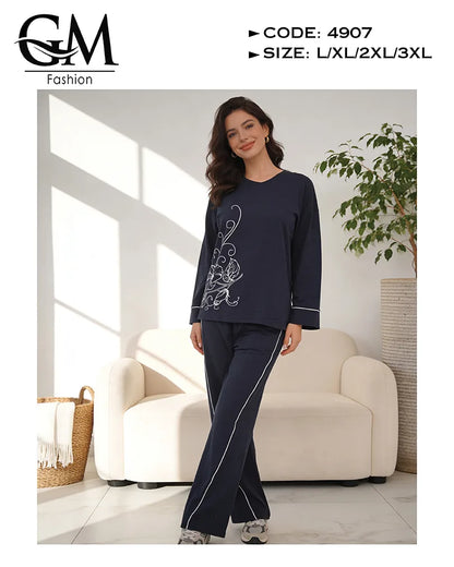 بيجامة حريمي قطن شتوي كم طويل بطبعة ناعمة | GM Fashion كود 4907
