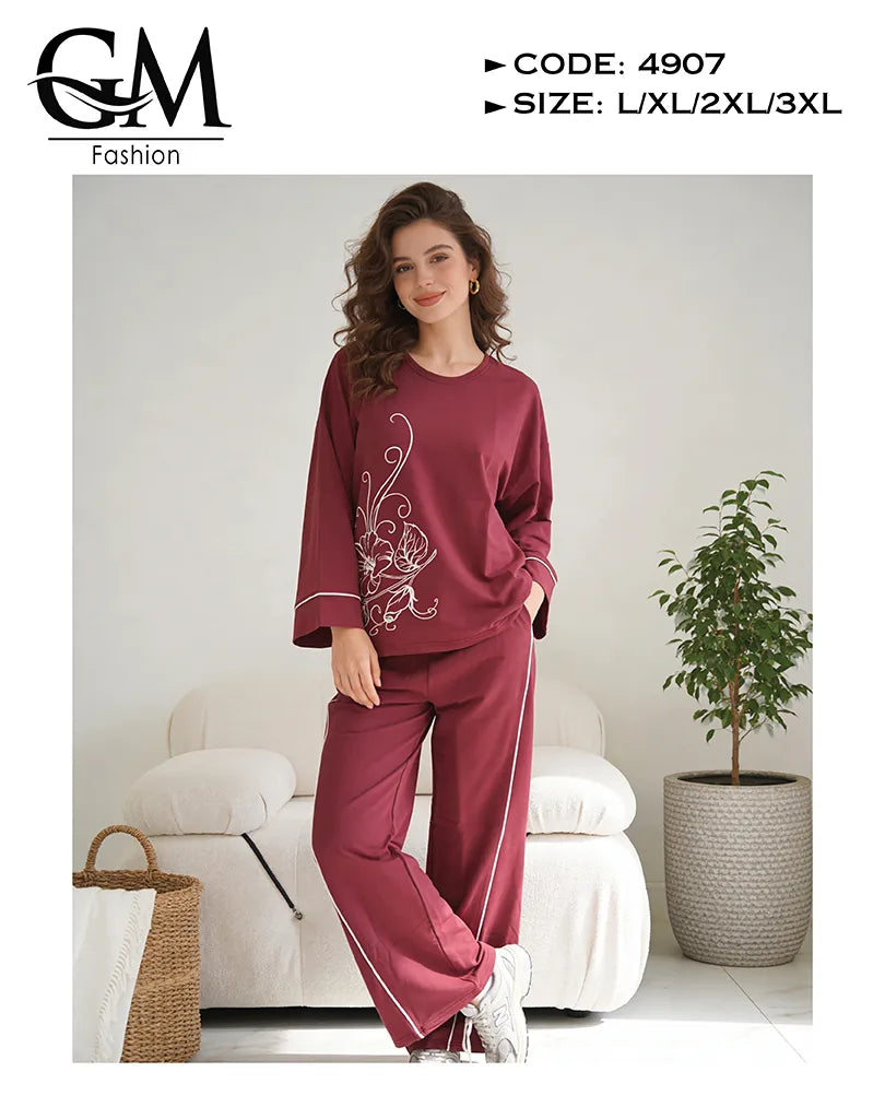 بيجامة حريمي قطن شتوي كم طويل بطبعة ناعمة | GM Fashion كود 4907