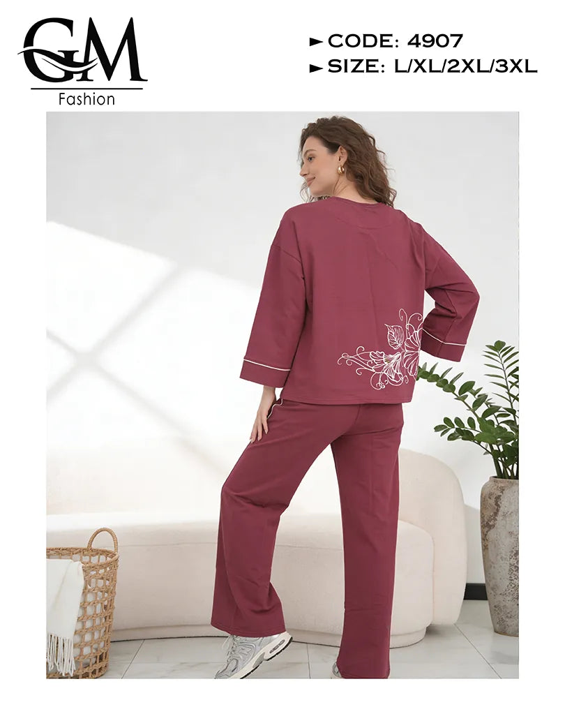 بيجامة حريمي قطن شتوي كم طويل بطبعة ناعمة | GM Fashion كود 4907