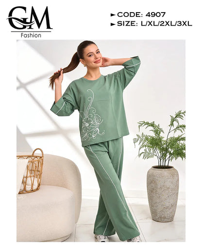 بيجامة حريمي قطن شتوي كم طويل بطبعة ناعمة | GM Fashion كود 4907