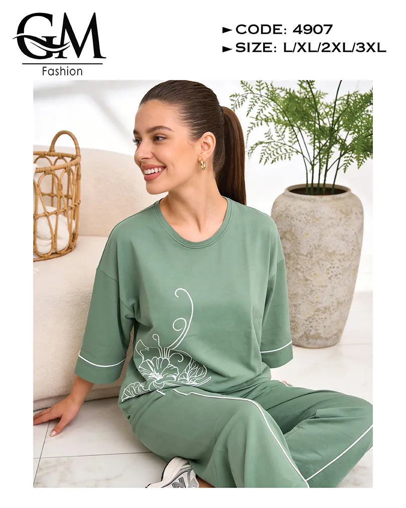 بيجامة حريمي قطن شتوي كم طويل بطبعة ناعمة | GM Fashion كود 4907