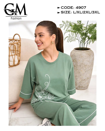 بيجامة حريمي قطن شتوي كم طويل بطبعة ناعمة | GM Fashion كود 4907