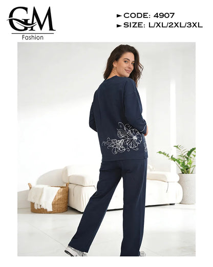 بيجامة حريمي قطن شتوي كم طويل بطبعة ناعمة | GM Fashion كود 4907