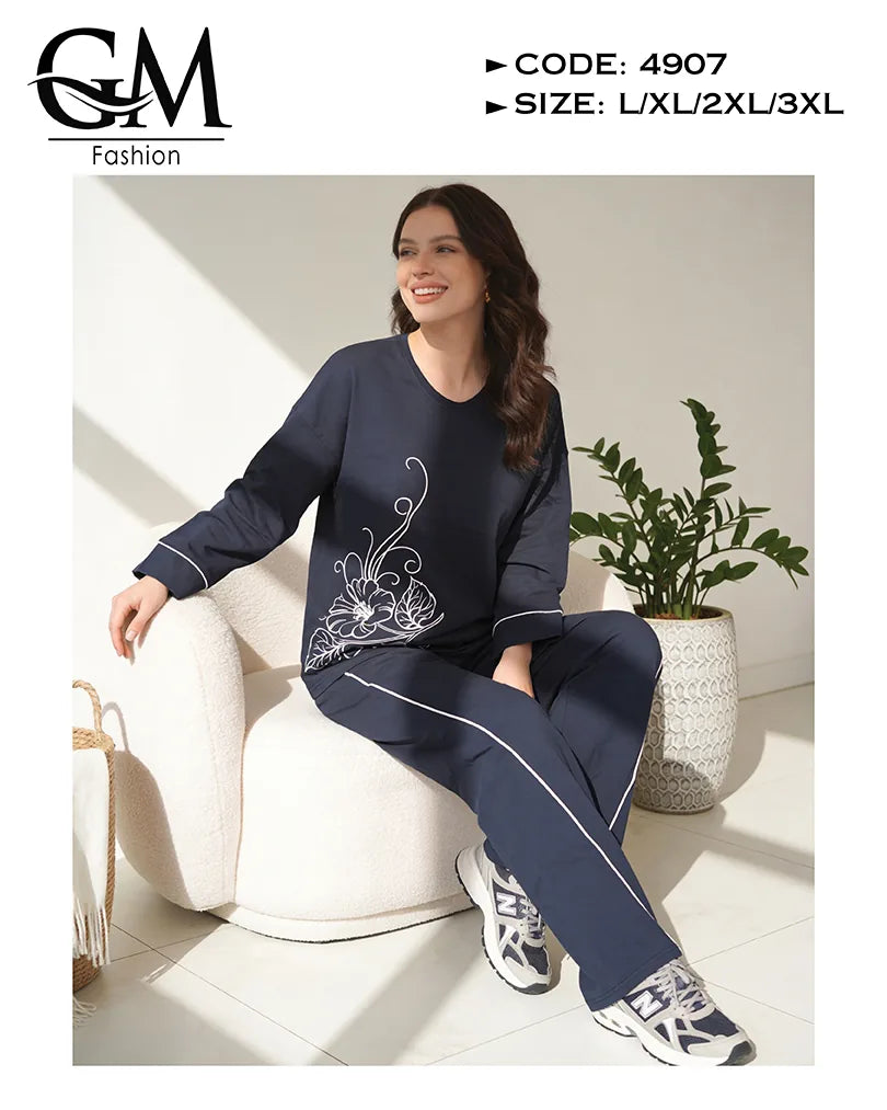 بيجامة حريمي قطن شتوي كم طويل بطبعة ناعمة | GM Fashion كود 4907