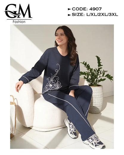 بيجامة حريمي قطن شتوي كم طويل بطبعة ناعمة | GM Fashion كود 4907
