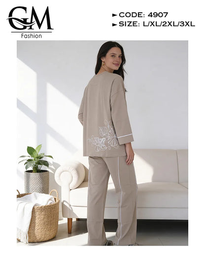 بيجامة حريمي قطن شتوي كم طويل بطبعة ناعمة | GM Fashion كود 4907