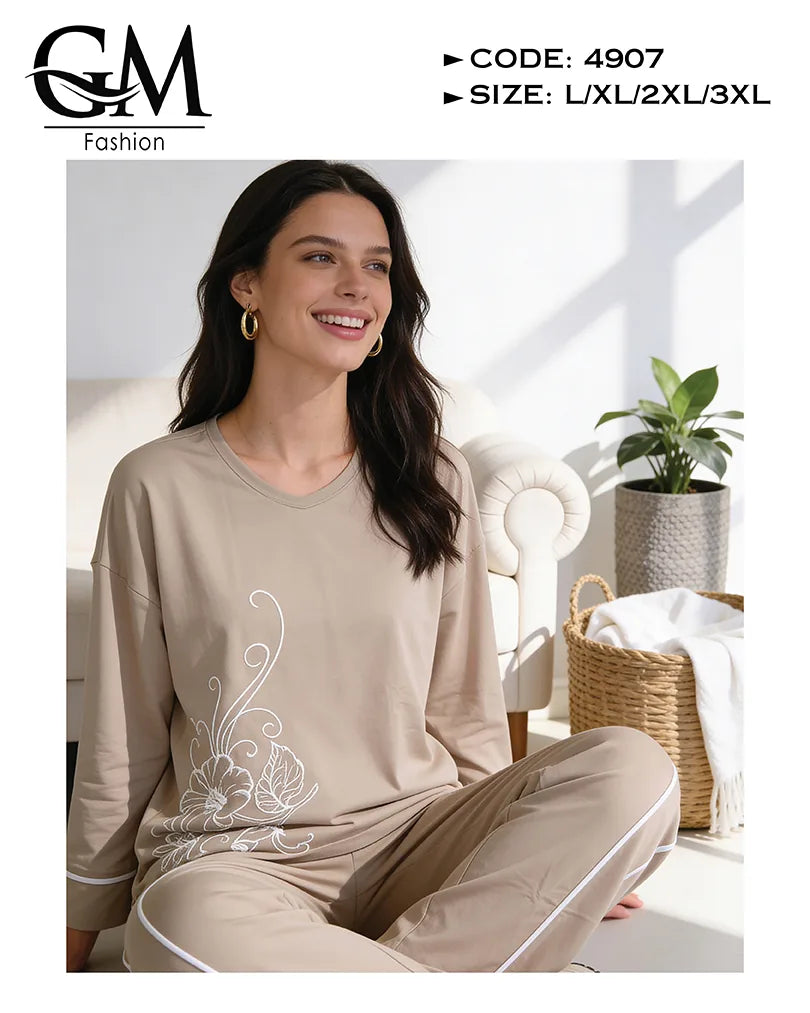 بيجامة حريمي قطن شتوي كم طويل بطبعة ناعمة | GM Fashion كود 4907