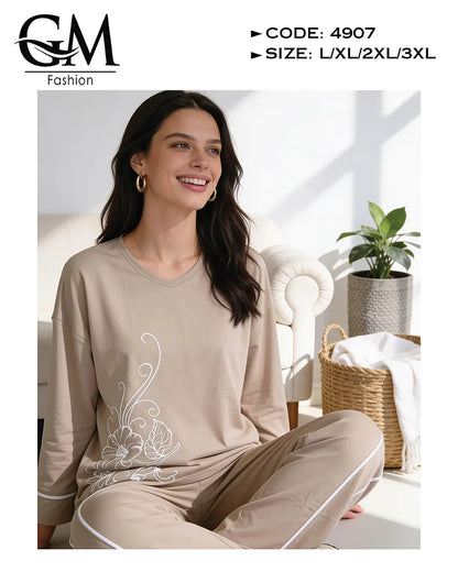 بيجامة حريمي قطن شتوي كم طويل بطبعة ناعمة | GM Fashion كود 4907
