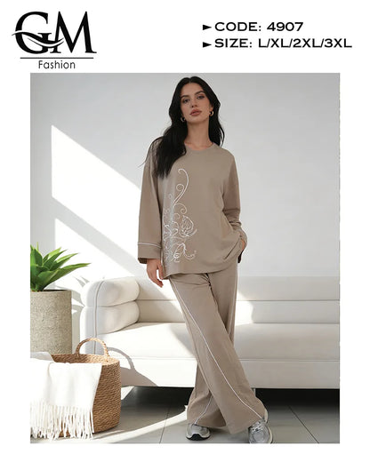 بيجامة حريمي قطن شتوي كم طويل بطبعة ناعمة | GM Fashion كود 4907