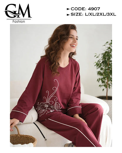 بيجامة حريمي قطن شتوي كم طويل بطبعة ناعمة | GM Fashion كود 4907