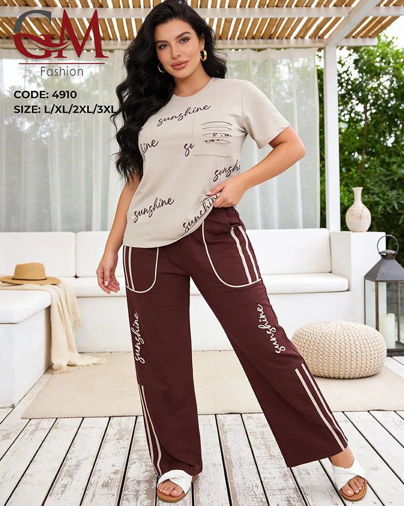 بيجامة حريمي صيفي بطبعة Sunshine وبنطلون واسع جيوب جانبية – GM Fashion موديل 4910