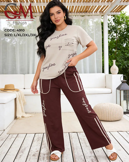 بيجامة حريمي صيفي بطبعة Sunshine وبنطلون واسع جيوب جانبية – GM Fashion موديل 4910