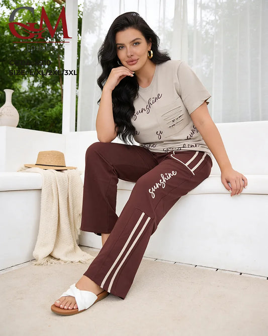 بيجامة حريمي صيفي بطبعة Sunshine وبنطلون واسع جيوب جانبية – GM Fashion موديل 4910