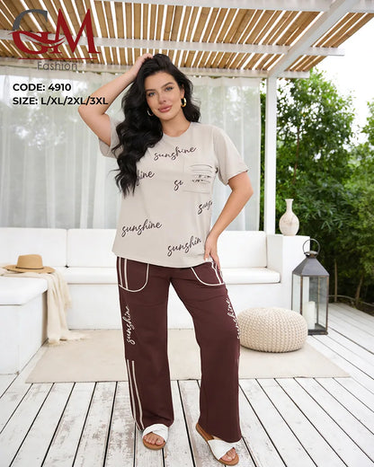 بيجامة حريمي صيفي بطبعة Sunshine وبنطلون واسع جيوب جانبية – GM Fashion موديل 4910