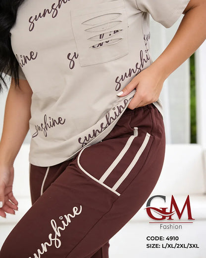 بيجامة حريمي صيفي بطبعة Sunshine وبنطلون واسع جيوب جانبية – GM Fashion موديل 4910