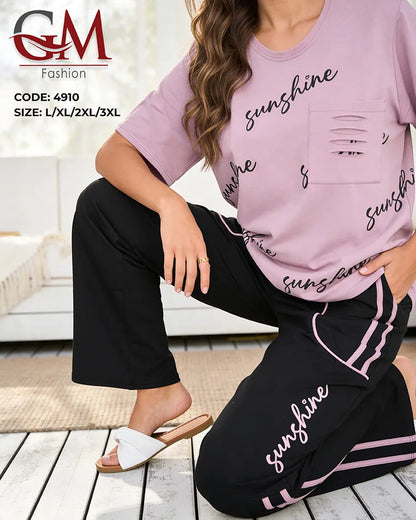 بيجامة حريمي صيفي بطبعة Sunshine وبنطلون واسع جيوب جانبية – GM Fashion موديل 4910