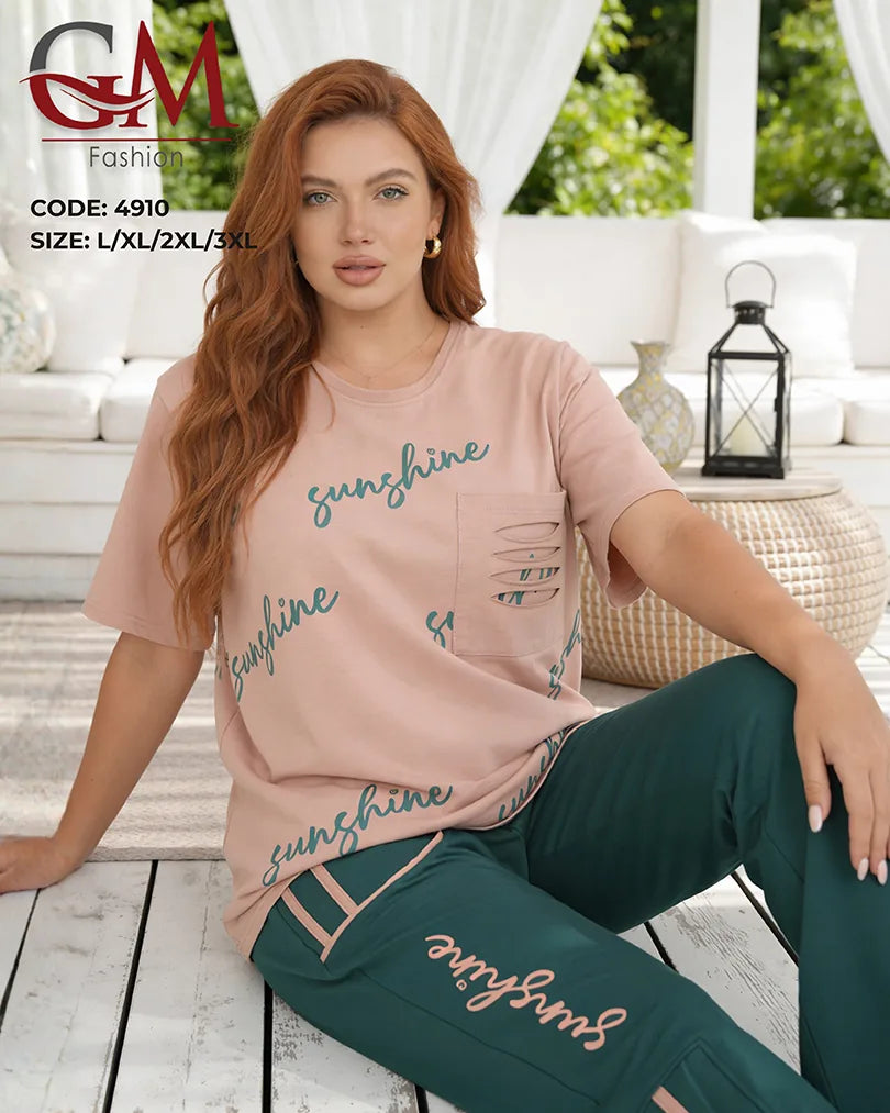 بيجامة حريمي صيفي بطبعة Sunshine وبنطلون واسع جيوب جانبية – GM Fashion موديل 4910