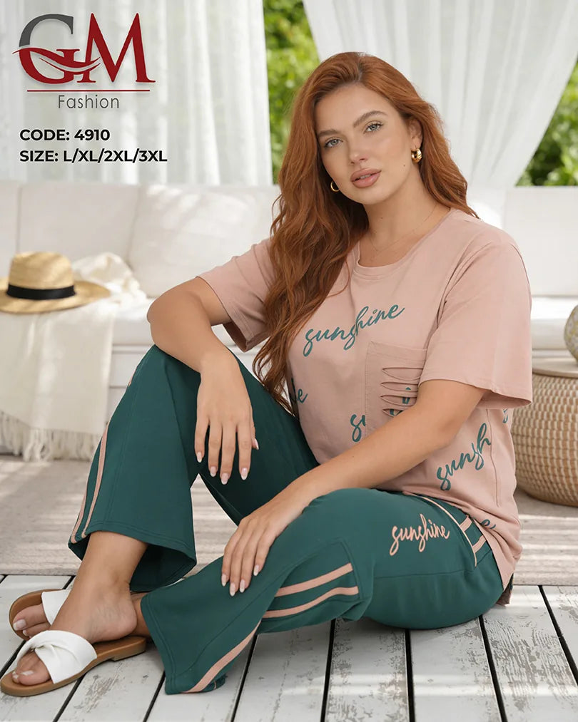 بيجامة حريمي صيفي بطبعة Sunshine وبنطلون واسع جيوب جانبية – GM Fashion موديل 4910