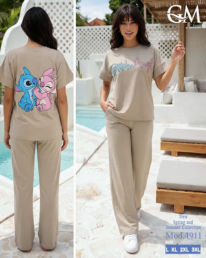 بيجامة حريمي صيفي Stitch Angel بأرجل واسعة – GM Fashion موديل 4911