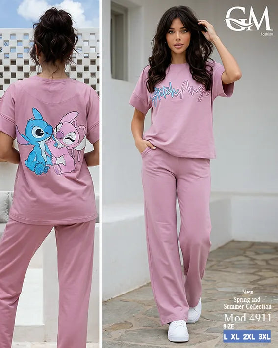 بيجامة حريمي صيفي Stitch Angel بأرجل واسعة – GM Fashion موديل 4911