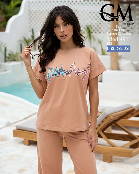 بيجامة حريمي صيفي Stitch Angel بأرجل واسعة – GM Fashion موديل 4911