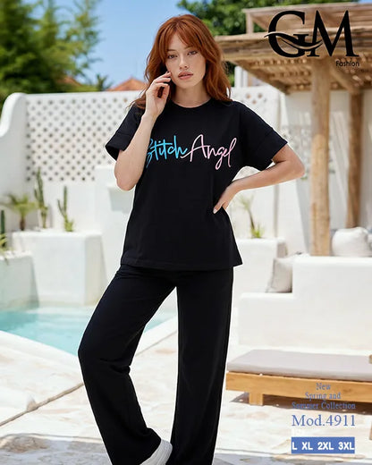 بيجامة حريمي صيفي Stitch Angel بأرجل واسعة – GM Fashion موديل 4911