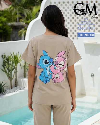 بيجامة حريمي صيفي Stitch Angel بأرجل واسعة – GM Fashion موديل 4911