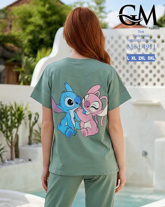 بيجامة حريمي صيفي Stitch Angel بأرجل واسعة – GM Fashion موديل 4911