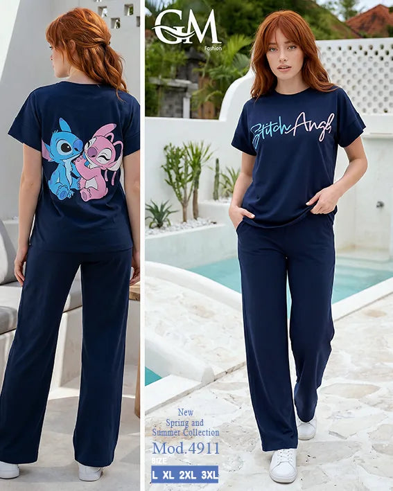 بيجامة حريمي صيفي Stitch Angel بأرجل واسعة – GM Fashion موديل 4911
