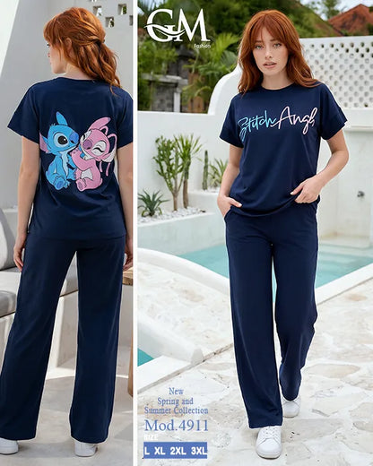 بيجامة حريمي صيفي Stitch Angel بأرجل واسعة – GM Fashion موديل 4911