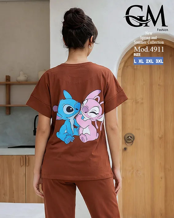 بيجامة حريمي صيفي Stitch Angel بأرجل واسعة – GM Fashion موديل 4911