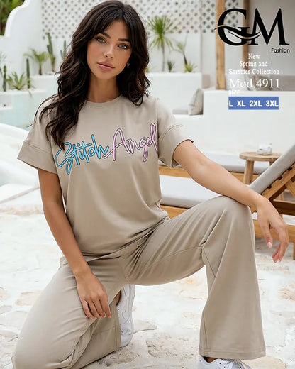بيجامة حريمي صيفي Stitch Angel بأرجل واسعة – GM Fashion موديل 4911