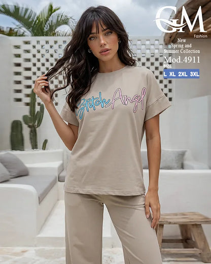 بيجامة حريمي صيفي Stitch Angel بأرجل واسعة – GM Fashion موديل 4911