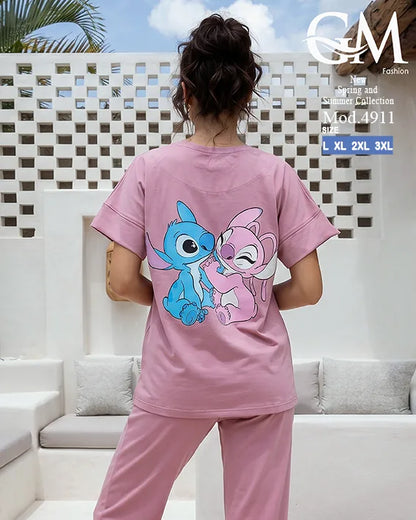 بيجامة حريمي صيفي Stitch Angel بأرجل واسعة – GM Fashion موديل 4911