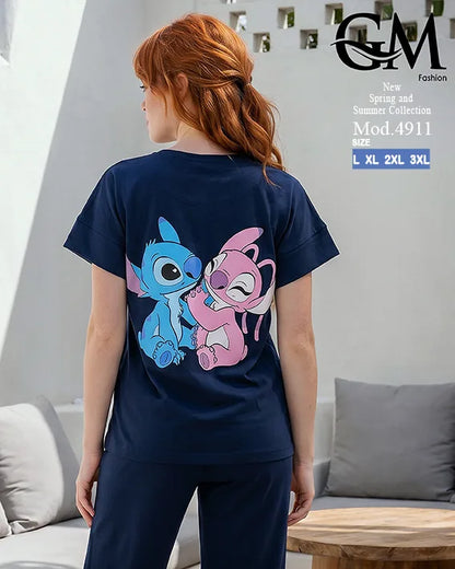 بيجامة حريمي صيفي Stitch Angel بأرجل واسعة – GM Fashion موديل 4911