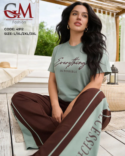 بيجامة حريمي صيفي Everything Is Possible ببنطلون واسع – GM Fashion موديل 4912