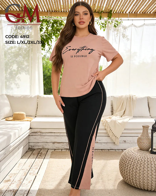بيجامة حريمي صيفي Everything Is Possible ببنطلون واسع – GM Fashion موديل 4912