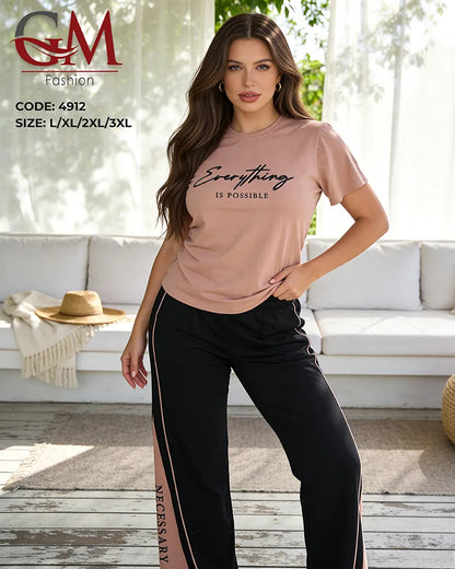 بيجامة حريمي صيفي Everything Is Possible ببنطلون واسع – GM Fashion موديل 4912