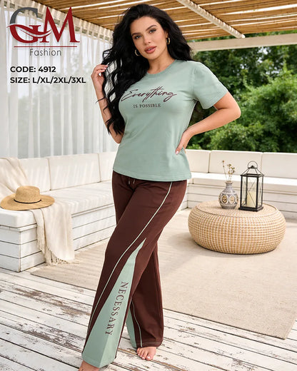 بيجامة حريمي صيفي Everything Is Possible ببنطلون واسع – GM Fashion موديل 4912