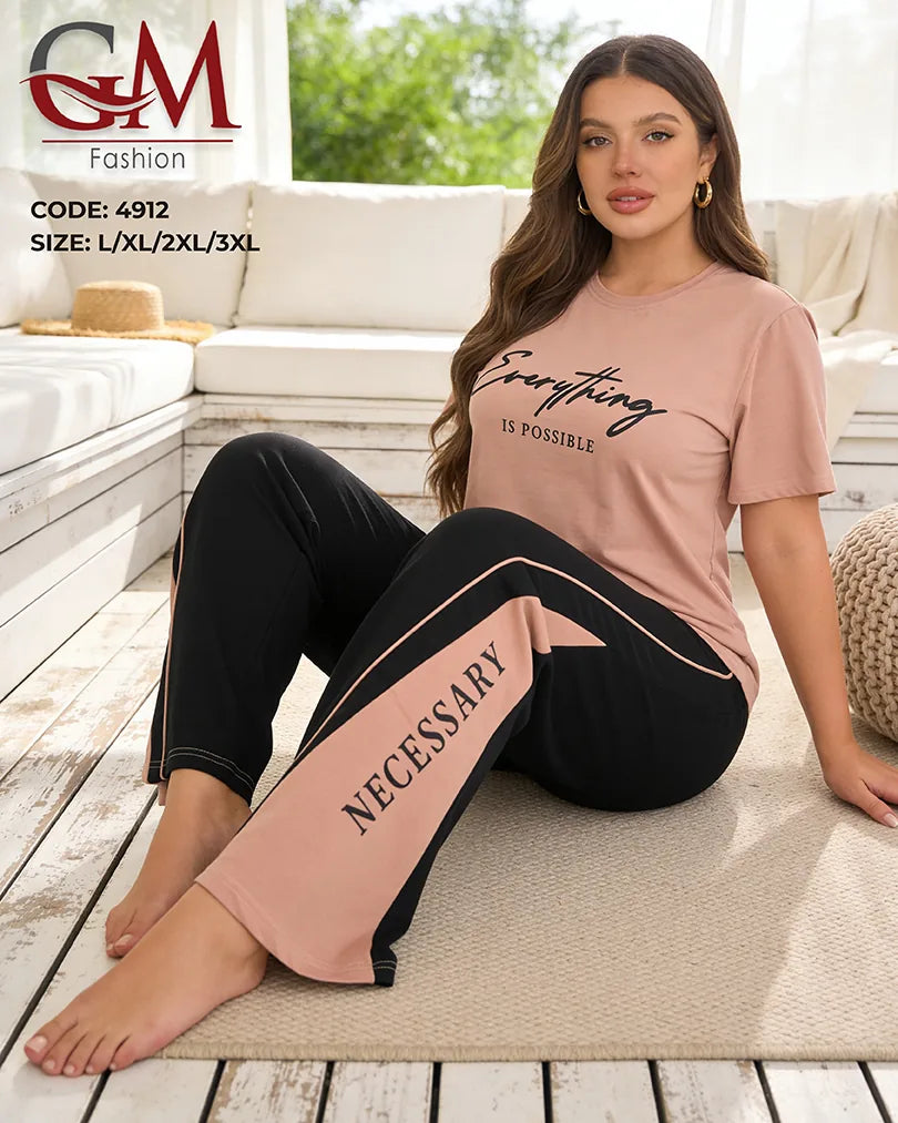 بيجامة حريمي صيفي Everything Is Possible ببنطلون واسع – GM Fashion موديل 4912
