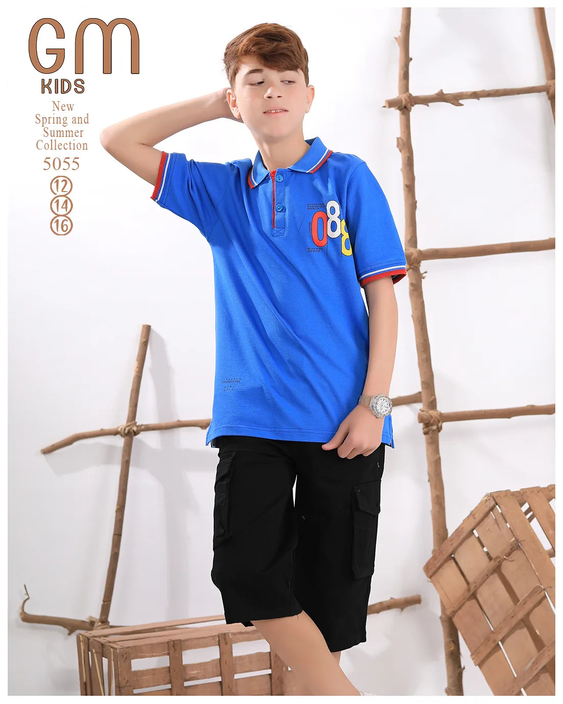 Child wearing a blue polo shirt with colorful numbers and black shorts, standing against a white background with wooden elements.