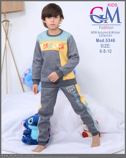 طقم ترنج ولادي شتوي GM Kids | موديل 5346 بتطريز عصري (6-10 سنوات)