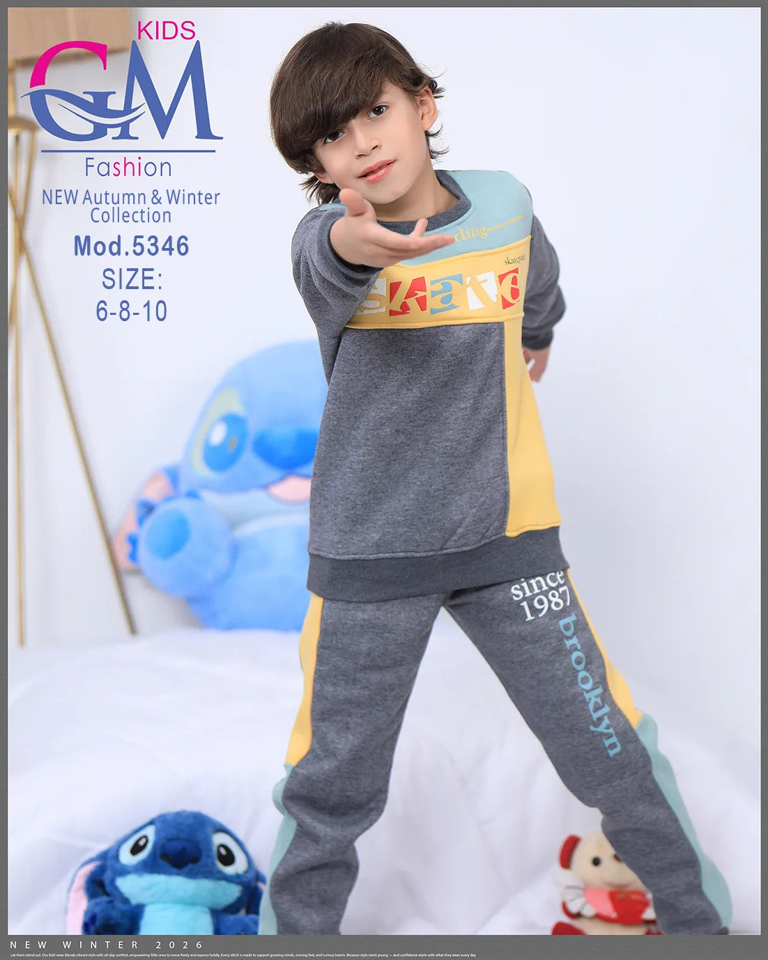 طقم ترنج ولادي شتوي GM Kids | موديل 5346 بتطريز عصري (6-10 سنوات)