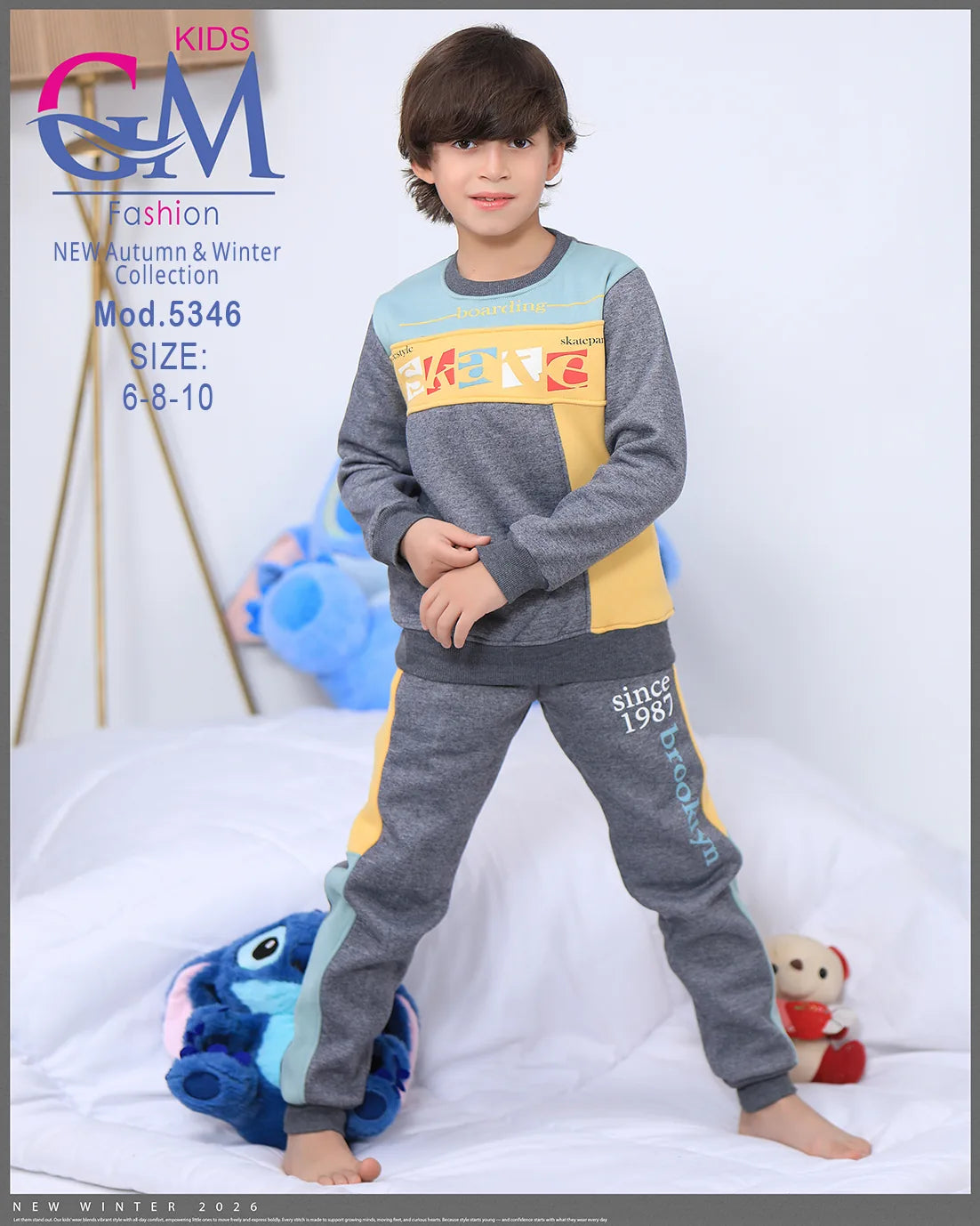 طقم ترنج ولادي شتوي GM Kids | موديل 5346 بتطريز عصري (6-10 سنوات)