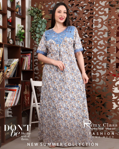 فستان بيتي حريمي صيفي قطن مطبوع برقبة | Ramy Class موديل 670