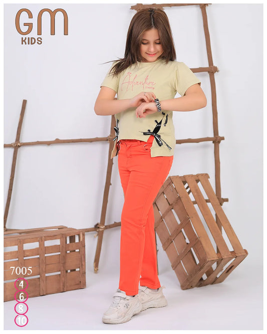 طقم بناتي صيفي من القطن – تيشيرت وبنطلون موديل 7005 من GM Kids – مقاس 4 إلى 10 سنوات