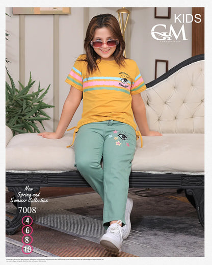طقم بناتي صيفي تيشيرت قطن وبنطلون جبردين – GM Kids موديل 7008