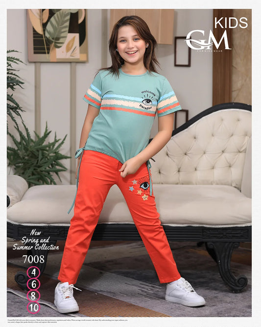 طقم بناتي صيفي تيشيرت قطن وبنطلون جبردين – GM Kids موديل 7008